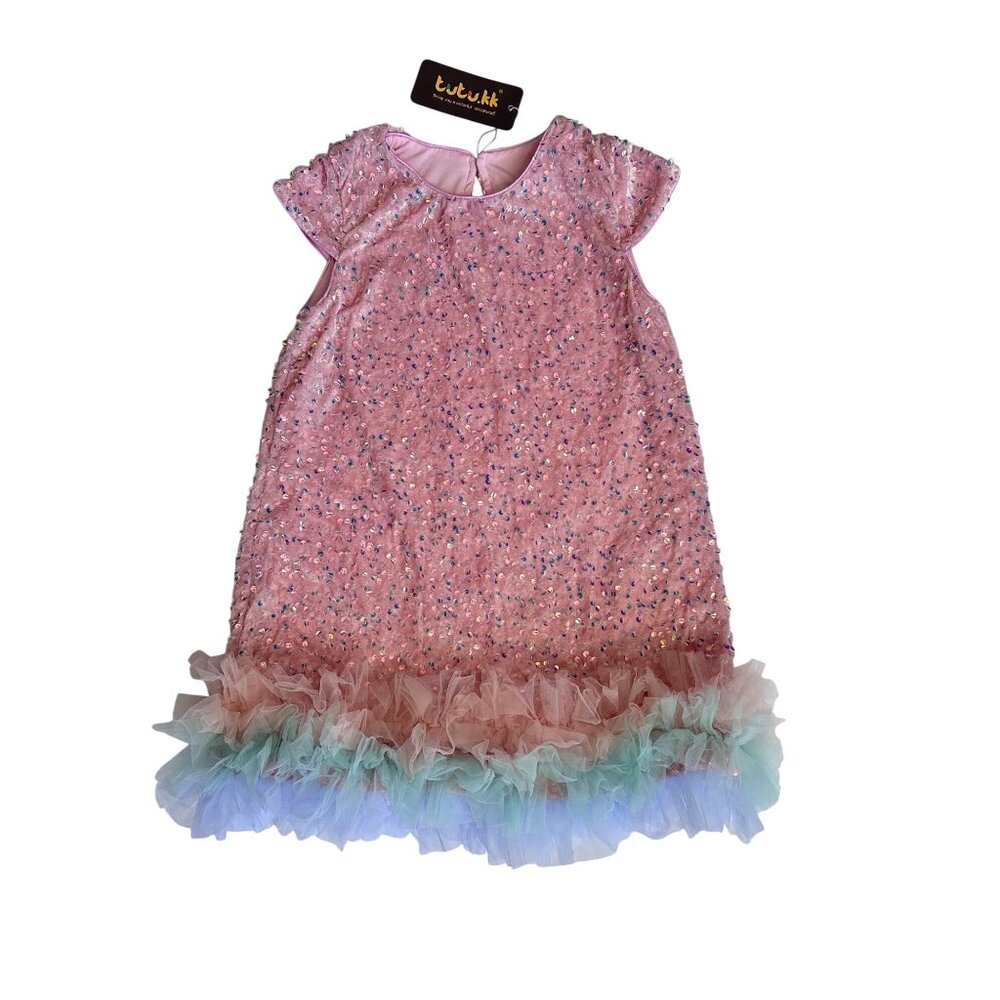 Boutique Pink Sequined Girls Party Dress w Multicolor Tulle Hem